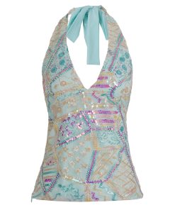 Sequin Spliced Halter Backless Tie-Up Top for Summer Vacation, Pattaya Style, Trendy Dopamine Fashion, Y2K Vibes