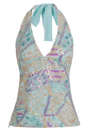 Sequin Spliced Halter Backless Tie-Up Top for Summer Vacation, Pattaya Style, Trendy Dopamine Fashion, Y2K Vibes