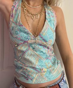 Sequin Spliced Halter Backless Tie-Up Top for Summer Vacation, Pattaya Style, Trendy Dopamine Fashion, Y2K Vibes