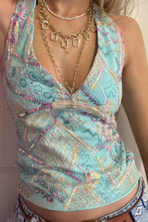 Sequin Spliced Halter Backless Tie-Up Top for Summer Vacation, Pattaya Style, Trendy Dopamine Fashion, Y2K Vibes