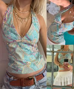 Sequin Spliced Halter Backless Tie-Up Top for Summer Vacation, Pattaya Style, Trendy Dopamine Fashion, Y2K Vibes