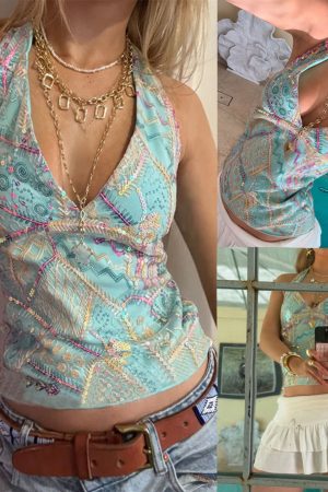 Sequin Spliced Halter Backless Tie-Up Top for Summer Vacation, Pattaya Style, Trendy Dopamine Fashion, Y2K Vibes