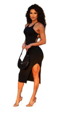 Sexy Backless Halter Neck Dress with Split, Adjustable Cross Straps, Mid-Length - European American Leisure Style