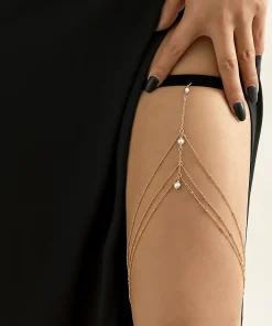 Sexy Beach Body Chain with Imitation Pearls, Elastic Star-Shaped Rhinestone Tassel Ankle and Thigh Jewelry