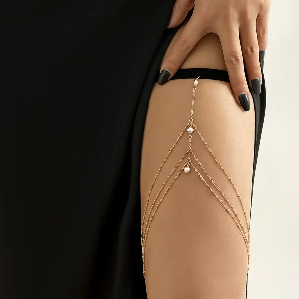 Sexy Beach Body Chain with Imitation Pearls, Elastic Star-Shaped Rhinestone Tassel Ankle and Thigh Jewelry
