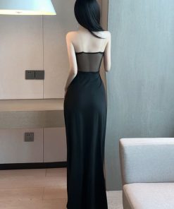 Sexy Black Evening Gown Long Dress with Low-Cut Deep V-Neck and High Slit - Strapless Nightclub Dress