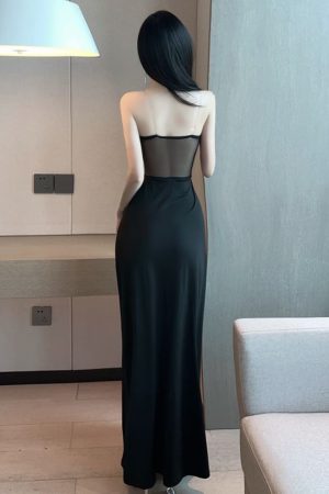 Sexy Black Evening Gown Long Dress with Low-Cut Deep V-Neck and High Slit - Strapless Nightclub Dress