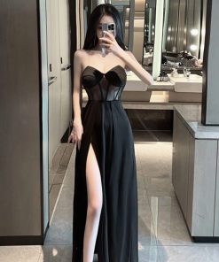 Sexy Black Evening Gown Long Dress with Low-Cut Deep V-Neck and High Slit - Strapless Nightclub Dress