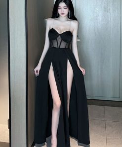 Sexy Black Evening Gown Long Dress with Low-Cut Deep V-Neck and High Slit - Strapless Nightclub Dress