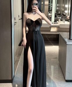 Sexy Black Evening Gown Long Dress with Low-Cut Deep V-Neck and High Slit - Strapless Nightclub Dress