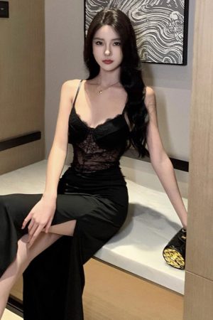 Sexy Black Lace Slip Dress for Women - French Style Elegant Evening Gown with Slit and Bodycon Long Skirt