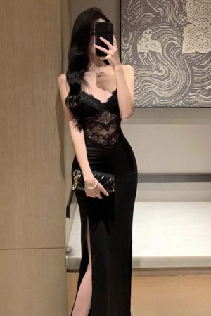 Sexy Black Lace Slip Dress for Women - French Style Elegant Evening Gown with Slit and Bodycon Long Skirt