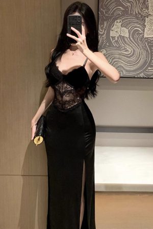 Sexy Black Lace Slip Dress for Women - French Style Elegant Evening Gown with Slit and Bodycon Long Skirt