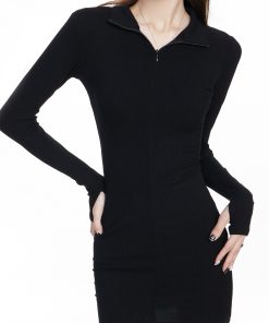 Sexy Black Long Sleeve Bodycon Dress for Women - Knitted Slim Fit Short Skirt - Spring 2025 Fashion