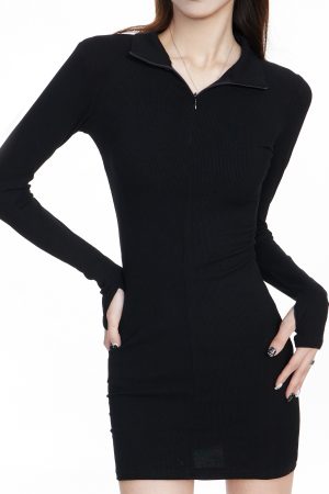 Sexy Black Long Sleeve Bodycon Dress for Women - Knitted Slim Fit Short Skirt - Spring 2025 Fashion