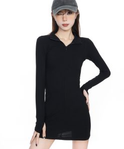 Sexy Black Long Sleeve Bodycon Dress for Women - Knitted Slim Fit Short Skirt - Spring 2025 Fashion