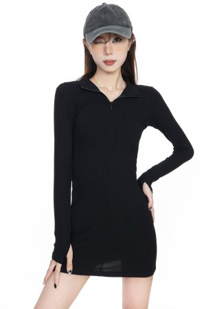 Sexy Black Long Sleeve Bodycon Dress for Women - Knitted Slim Fit Short Skirt - Spring 2025 Fashion