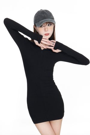 Sexy Black Long Sleeve Bodycon Dress for Women - Knitted Slim Fit Short Skirt - Spring 2025 Fashion