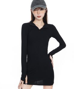 Sexy Black Long Sleeve Bodycon Dress for Women - Knitted Slim Fit Short Skirt - Spring 2025 Fashion