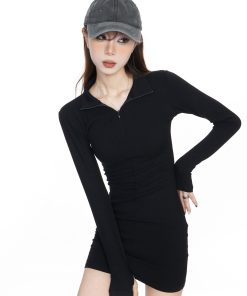 Sexy Black Long Sleeve Bodycon Dress for Women - Knitted Slim Fit Short Skirt - Spring 2025 Fashion
