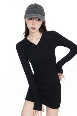 Sexy Black Long Sleeve Bodycon Dress for Women - Knitted Slim Fit Short Skirt - Spring 2025 Fashion
