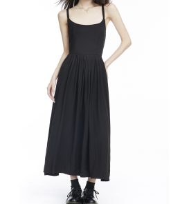 Sexy Black Spaghetti Strap Dress for Women - A-Line Knee-Length with Waist Cinching, Backless Flared Skirt, Summer 2025 Fashion