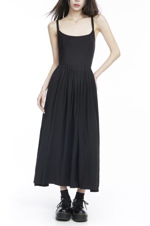 Sexy Black Spaghetti Strap Dress for Women - A-Line Knee-Length with Waist Cinching, Backless Flared Skirt, Summer 2025 Fashion