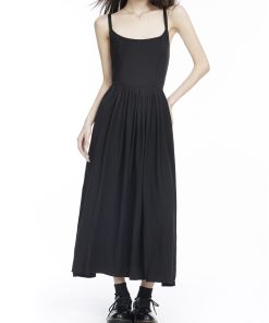 Sexy Black Spaghetti Strap Dress for Women - A-Line Knee-Length with Waist Cinching, Backless Flared Skirt, Summer 2025 Fashion