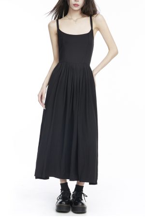 Sexy Black Spaghetti Strap Dress for Women - A-Line Knee-Length with Waist Cinching, Backless Flared Skirt, Summer 2025 Fashion