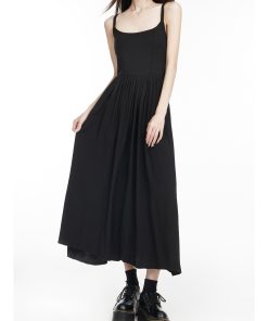 Sexy Black Spaghetti Strap Dress for Women - A-Line Knee-Length with Waist Cinching, Backless Flared Skirt, Summer 2025 Fashion