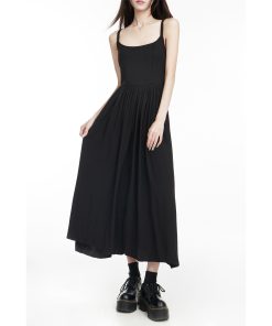 Sexy Black Spaghetti Strap Dress for Women - A-Line Knee-Length with Waist Cinching, Backless Flared Skirt, Summer 2025 Fashion