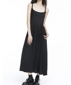 Sexy Black Spaghetti Strap Dress for Women - A-Line Knee-Length with Waist Cinching, Backless Flared Skirt, Summer 2025 Fashion