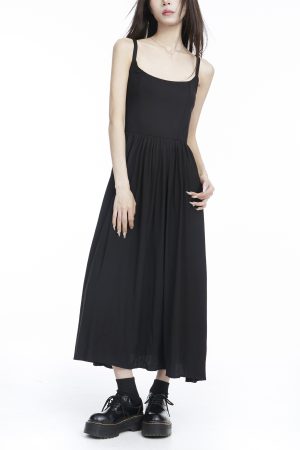 Sexy Black Spaghetti Strap Dress for Women - A-Line Knee-Length with Waist Cinching, Backless Flared Skirt, Summer 2025 Fashion