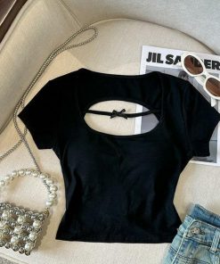 Sexy Hollow Back Short Sleeve T-Shirt for Women - Exquisite Fitted Modal Top, Perfect for 90s and Y2K Style Looks