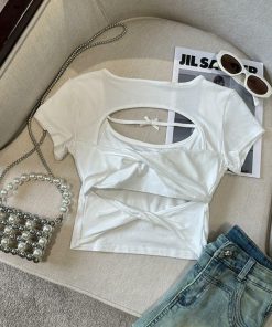 Sexy Hollow Back Short Sleeve T-Shirt for Women - Exquisite Fitted Modal Top, Perfect for 90s and Y2K Style Looks