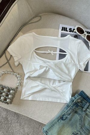 Sexy Hollow Back Short Sleeve T-Shirt for Women - Exquisite Fitted Modal Top, Perfect for 90s and Y2K Style Looks