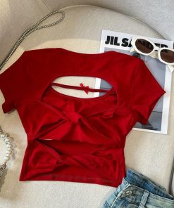 Sexy Hollow Back Short Sleeve T-Shirt for Women - Exquisite Fitted Modal Top, Perfect for 90s and Y2K Style Looks