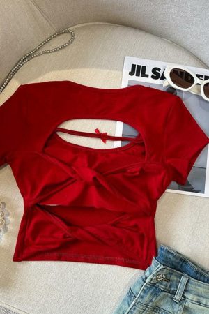 Sexy Hollow Back Short Sleeve T-Shirt for Women - Exquisite Fitted Modal Top, Perfect for 90s and Y2K Style Looks