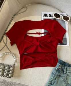 Sexy Hollow Back Short Sleeve T-Shirt for Women - Exquisite Fitted Modal Top, Perfect for 90s and Y2K Style Looks