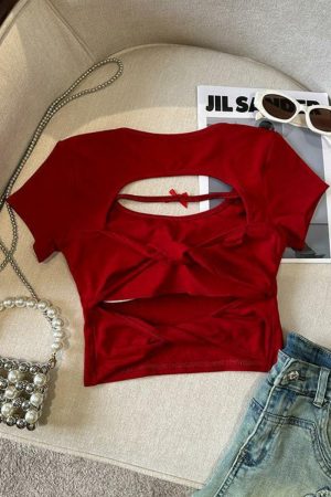 Sexy Hollow Back Short Sleeve T-Shirt for Women - Exquisite Fitted Modal Top, Perfect for 90s and Y2K Style Looks