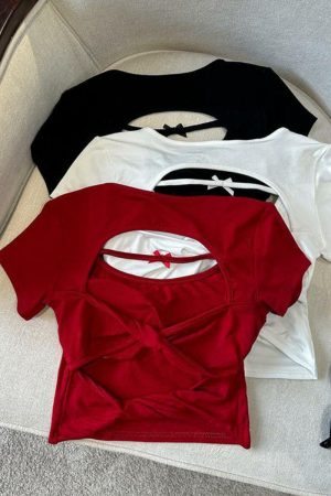 Sexy Hollow Back Short Sleeve T-Shirt for Women - Exquisite Fitted Modal Top, Perfect for 90s and Y2K Style Looks