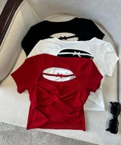 Sexy Hollow Back Short Sleeve T-Shirt for Women - Exquisite Fitted Modal Top, Perfect for 90s and Y2K Style Looks