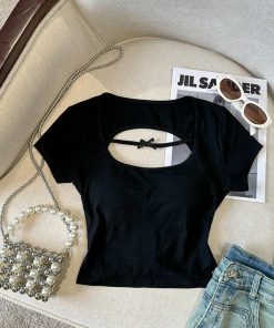 Sexy Hollow Back Short Sleeve T-Shirt for Women - Exquisite Fitted Modal Top, Perfect for 90s and Y2K Style Looks