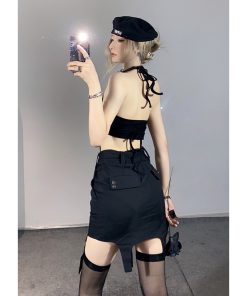 Sexy Hollow-Out Halter Neck Tank Top and Faux Two-Piece Outfit - Trendy Y2K Style for a Chic Look