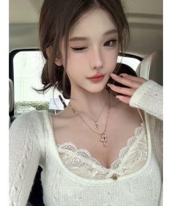 Sexy Lace Camisole Knit Top Set for Women - Slim Fit, Hollow-Out Design, Perfect for Spring Fashion