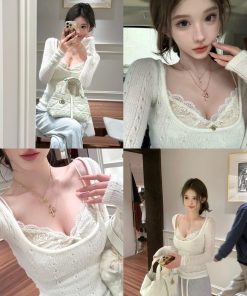 Sexy Lace Camisole Knit Top Set for Women - Slim Fit, Hollow-Out Design, Perfect for Spring Fashion