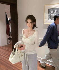 Sexy Lace Camisole Knit Top Set for Women - Slim Fit, Hollow-Out Design, Perfect for Spring Fashion