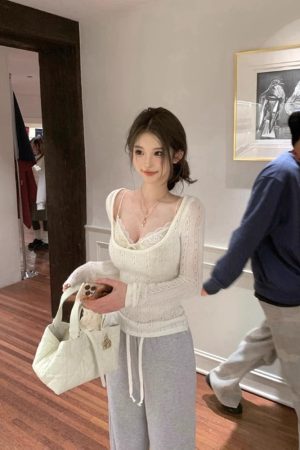 Sexy Lace Camisole Knit Top Set for Women - Slim Fit, Hollow-Out Design, Perfect for Spring Fashion