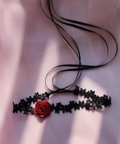 Sexy Lace Choker Collar for Women, Gothic Long Woven Red Rose Necklace, Dark Style Fashion Accessory