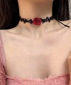 Sexy Lace Choker Collar for Women, Gothic Long Woven Red Rose Necklace, Dark Style Fashion Accessory